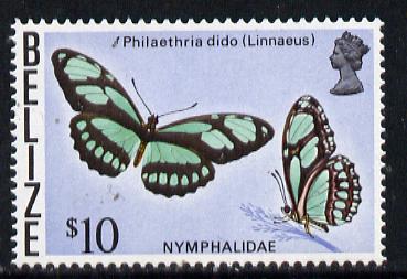 Belize 1974 Butterfly $10 (Philaethria dido) def top value, unmounted mint SG 395*, stamps on butterflies