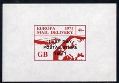 Cinderella - Great Britain 1971 imperf 4s red-brown m/sheet (Europe Airmail rate) produced for use during Great Britain Postal strike opt'd Last Day of Postal Strike unmounted mint, stamps on strike, stamps on aviation