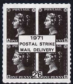 Cinderella - Great Britain 1971 Rouletted 2s6d black (Block of 4 1d blacks) produced for use during Great Britain Postal strike unmounted mint, stamps on strike, stamps on 