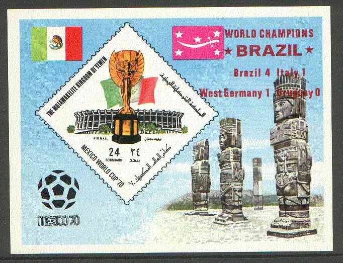Yemen - Royalist 1970 World Cup Football 24b value (diamond shaped) imperf m/sheet unmounted mint opt'd 'Brazil World Champions' in red, stamps on football, stamps on sport