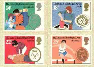 Great Britain 1981 Duke of Edinburgh Award Scheme set of 4 PHQ cards unused and pristine, stamps on education, stamps on royalty, stamps on youth, stamps on pottery, stamps on medical, stamps on first aid, stamps on mountaineering, stamps on hurdles