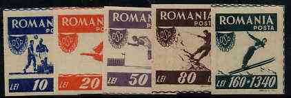 Rumania 1946 Sports imperf set of 5 unmounted mint, SG 1816B-20B, stamps on sport, stamps on diving, stamps on running, stamps on football, stamps on skiing, stamps on mountaineering