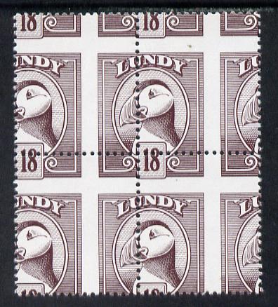 Lundy 1982 Puffin def 18p brown-purple with superb misplacement of horiz and vert perfs unmounted mint block of 4, stamps on birds, stamps on lundy, stamps on puffins