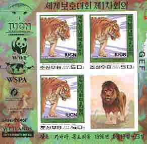 North Korea 1996 WWF World Conservation Union imperf m/sheet containing 3 x 50ch (Tiger) plus label as SG N3630 unmounted mint, stamps on animals, stamps on wwf, stamps on tigers, stamps on cats, stamps on owls, stamps on  wwf , stamps on 
