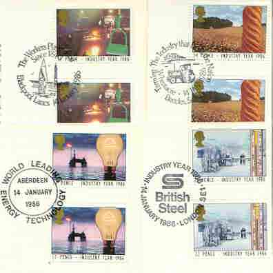 Great Britain 1986 Industry Year set of 4 PHQ cards with appropriate gutter pairs each very fine used with first day cancels, stamps on industry, stamps on  oil , stamps on agriculture, stamps on health, stamps on energy, stamps on bread, stamps on food.medical