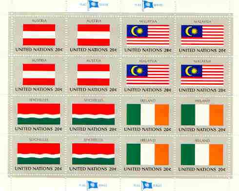 United Nations (NY) 1982 Flags of Member Nations #3 sheetlet of 16 containing flags of Austria, Malaysia, Seychelles & Ireland each in blocks of 4 unmounted mint, SG 386a, stamps on flags