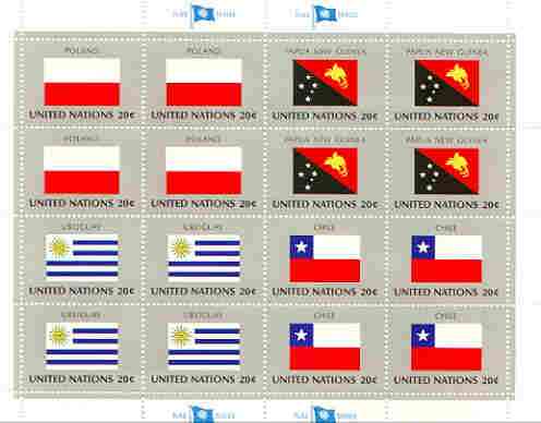 United Nations (NY) 1984 Flags of Member Nations #5 sheetlet of 16 containing flags of Poland, Papua New Guinea, Uruguay & Chile each in blocks of 4 unmounted mint, SG 44..., stamps on flags