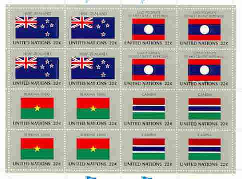 United Nations (NY) 1986 Flags of Member Nations #7 sheetlet of 16 containing flags of New Zealand, Laos, Burkina Faso & Gambia each in blocks of 4 unmounted mint, SG 489a, stamps on flags