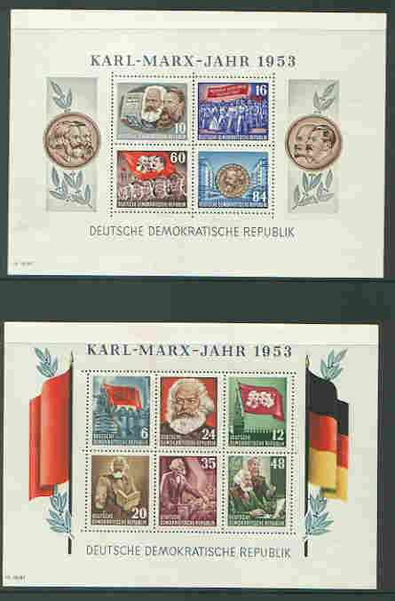Germany - East 1953 Death Anniversary of Karl Marx set of 2 perf m/sheets unmounted mint, SG MS E111a, stamps on personalities, stamps on constitutions, stamps on marx