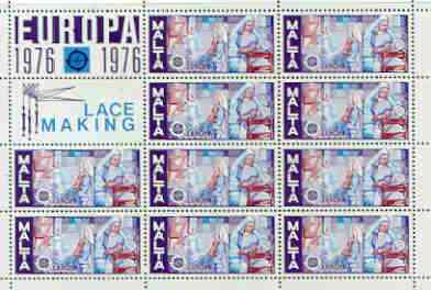 Malta 1976 Europa (Lace Making) sheetlet of 10 plus 2 labels, unmounted mint as SG 562, stamps on europa, stamps on lace, stamps on textiles, stamps on crafts