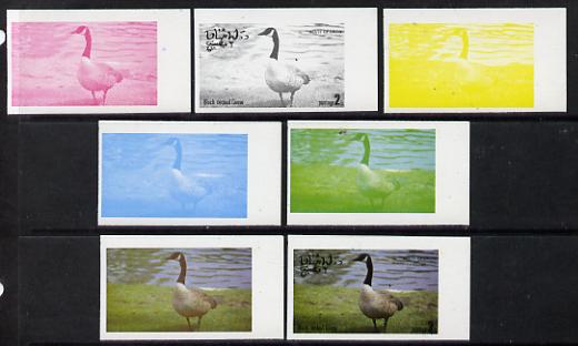 Oman 1977 Birds #2 2b (Black Necked Goose) set of 7 imperf progressive colour proofs comprising the 4 individual colours plus 2, 3 and all 4-colour composites unmounted mint, stamps on birds