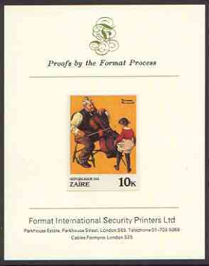 Zaire 1981 Girl Dancing to Cello by Norman Rockwell 10k imperf proof mounted on Format International proof card, stamps on arts, stamps on dancing, stamps on music, stamps on musical instruments