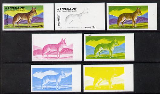 Eynhallow 1977 North American Animals 2p (Coyote) set of 7 imperf progressive colour proofs comprising the 4 individual colours plus 2, 3 and all 4-colour composites unmounted mint, stamps on animals