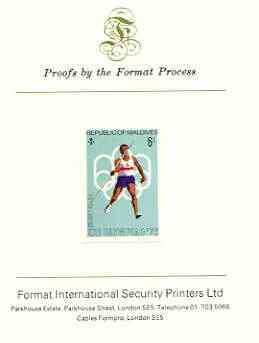 Maldive Islands 1976 Montreal Olympics 6l (Javelin) imperf proof mounted on Format International proof card (as SG 659), stamps on , stamps on  stamps on sport, stamps on javelin, stamps on olympics