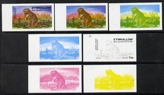 Eynhallow 1977 North American Animals 25p (Beaver) set of 7 imperf progressive colour proofs comprising the 4 individual colours plus 2, 3 and all 4-colour composites unmounted mint, stamps on animals