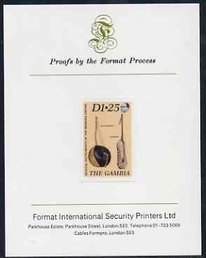Gambia 1987 Musical Instruments 1d25 (Bolongbato & Konting) imperf proof mounted on Format International proof card as SG 688, stamps on music, stamps on musical instruments