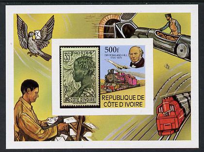 Ivory Coast 1979 Rowland Hill imperf m/sheet unmounted mint, stamps on postal, stamps on railways, stamps on stamp on stamp, stamps on aviation, stamps on concorde, stamps on rowland hill, stamps on stamponstamp