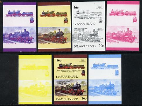 Davaar Island 1983 Locomotives #1 GWR Badminton Class 4-4-0 loco 56p set of 7 imperf se-tenant progressive colour proofs comprising the 4 individual colours plus 2, 3 and all 4-colour composites unmounted mint, stamps on railways
