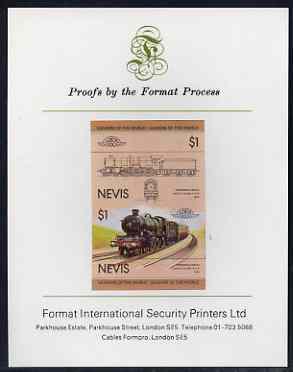 Nevis 1983 Locomotives #1 (Leaders of the World) Pendennis Castle $1 imperf se-tenant proof pair mounted on Format International proof card, stamps on railways, stamps on castles
