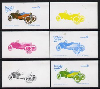 Oman 1976 Vintage Cars #1 3b (Issota Fraschini 1908) set of 6 imperf progressive colour proofs comprising the 4 individual colours plus 2 and all 4-colour composites unmounted mint, stamps on cars