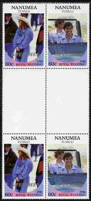 Tuvalu - Nanumea 1986 Royal Wedding (Andrew & Fergie) 60c perf inter-paneau gutter block of 4 (2 se-tenant pairs) overprinted SPECIMEN in silver (Italic caps 26.5 x 3 mm) unmounted mint from Printer's uncut proof sheet, stamps on royalty, stamps on andrew, stamps on fergie, stamps on 