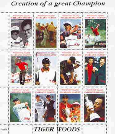 Westpoint Island (Falkland Islands) 2000 Tiger Woods (Creation of a Great Champion) perf sheetlet containing complete set of 12 values (face value \A38) unmounted mint, stamps on sport, stamps on golf