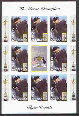 Angola 2000 Tiger Woods (The Great Champion) imperf sheetlet containing 8 values plus label for Ryder Cup, unmounted mint, stamps on sport, stamps on golf