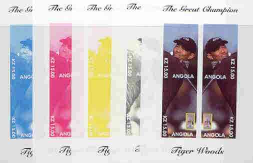 Angola 2000 Tiger Woods (The Great Champion) sheetlet containing 4 values (mirror image) the set of 5 imperf progressive proofs comprising various colour combinations incl complete design unmounted mint, stamps on sport, stamps on golf