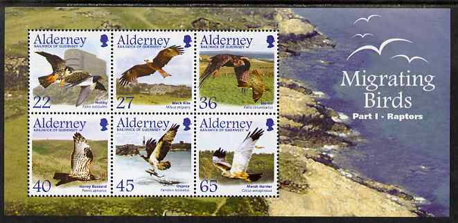 Guernsey - Alderney 2002 Migrating Birds (1st series) Raptors perf m/sheet unmounted mint, SG MSA191, stamps on birds, stamps on birds of prey