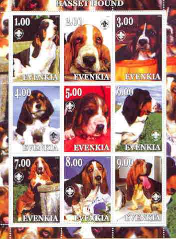 Evenkia Republic 2000 Dogs (Basset Hound) perf sheetlet containing complete set of 9 values, each with Scout logo unmounted mint, stamps on dogs, stamps on scouts, stamps on bassestt hound