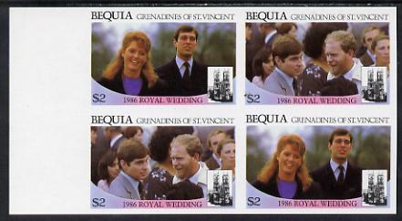St Vincent - Bequia 1986 Royal Wedding $2 in unmounted mint imperf proof block of 4 (2 se-tenant pairs) without staple holes in margin and therefore not from booklets, stamps on royalty, stamps on , stamps on andrew & fergie
