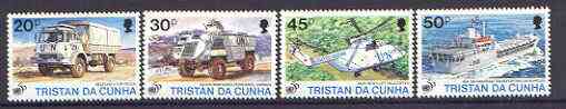 Tristan da Cunha 1996 50th Anniversary of the United Nations set of 4 unmounted mint, SG 590-93*, stamps on united nations, stamps on militaria, stamps on trucks, stamps on helicopters, stamps on aviation, stamps on ships, stamps on transport