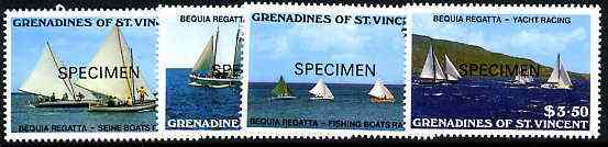 St Vincent - Grenadines 1988 Bequia Regatta set of 4 opt'd SPECIMEN unmounted mint, as SG 554-57, stamps on ships, stamps on sport, stamps on yachts, stamps on sailing