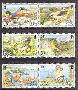 Isle of Man 1994 Calf of Man Bird Observatory set of 6 (3 se-tenant pairs) unmounted mint SG 583-88, stamps on , stamps on  stamps on birds, stamps on robin, stamps on wheatear, stamps on goldcrest, stamps on oriole, stamps on kingfisher, stamps on hoopoe, stamps on lighthouses