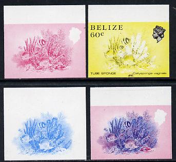 Belize 1984-88 Tube Sponge 60c def imperf progressive marginal proofs in blue, red, red & blue and yellow & black, 4 proofs unmounted mint as SG 776, stamps on marine-life