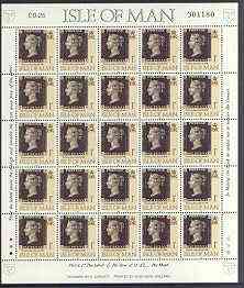 Isle of Man 1990 150th Anniversary of Penny Black m/sheet (1p concession stamp) in sheetlet of 25 (corner letters different) unmounted mint SG 442b, stamps on postal, stamps on stamp on stamp, stamps on stamponstamp