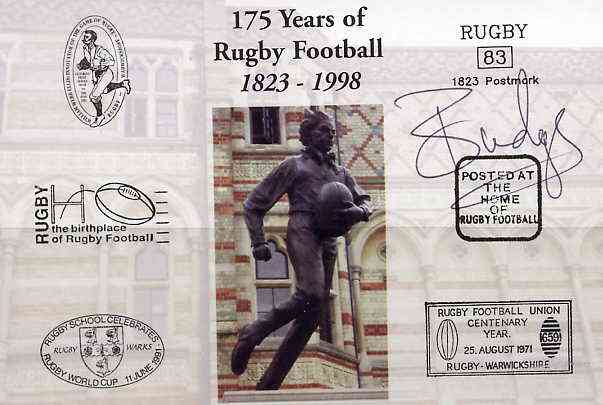 Postcard privately produced in 1998 (coloured) for the 175th Anniversary of Rugby, signed by Budge Poutney (Scotland - 24 caps & Captain, Northampton) unused and pristine, stamps on rugby, stamps on sport, stamps on scots, stamps on scotland