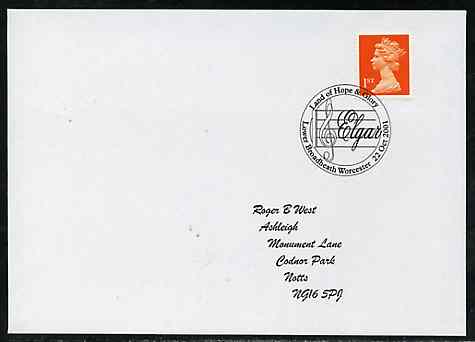 Postmark - Great Britain 2001 cover with 'Land of Hope & Glory' cancel illustrated with Clef & Elgar, stamps on music, stamps on elgar, stamps on composers