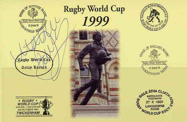 Postcard privately produced in 1999 (coloured) for the Rugby World Cup, signed by Matt Dawson (England - 42 caps & Captain, plus British Lions & N'hampton) unused and pristine, stamps on rugby, stamps on sport