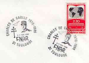 Postmark - France 1985 unaddressed cover for FNAR (Charles de Gaulle) with illustrated cancel showing De Gaulle & Concorde, stamps on aviation, stamps on concorde, stamps on de gaulle, stamps on personalities, stamps on de gaulle, stamps on  ww1 , stamps on  ww2 , stamps on militaria