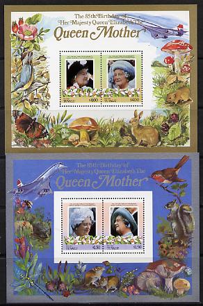 Tuvalu - Niutao 1985 Life & Times of HM Queen Mother (Leaders of the World) the set of 2 m/sheets containing 2 x $1.50 and 2 x $4.00 values (depicts Concorde, Fungi, Butterflies, Birds & Animals) unmounted mint, stamps on , stamps on  stamps on animals, stamps on  stamps on aviation, stamps on  stamps on birds, stamps on  stamps on butterflies, stamps on  stamps on fungi, stamps on  stamps on royalty, stamps on  stamps on queen mother, stamps on  stamps on concorde, stamps on  stamps on aviation