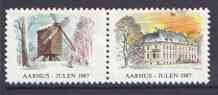 Cinderella - Denmark (Aarhus) 1987 Christmas se-tenant set of 2 perf labels produced by Aarhus Mens Club (showing windmill), stamps on christmas, stamps on windmill