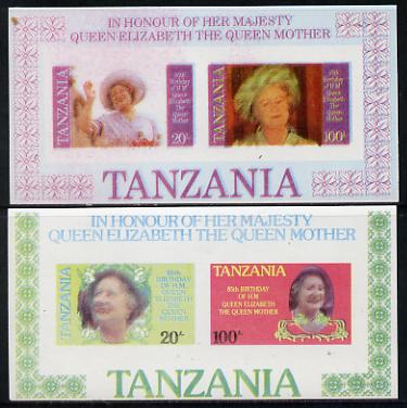 Tanzania 1985 Life & Times of HM Queen Mother set in 2 m/sheets (as SG MS 429) both imperf and probably pr unmounted mintoofs with colours blurred and watery, stamps on royalty, stamps on queen mother