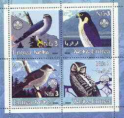 Eritrea 2002 Birds #01 perf sheetlet containing set of 4 values with Scout Logo unmounted mint, stamps on birds, stamps on birds of prey, stamps on owls, stamps on scouts