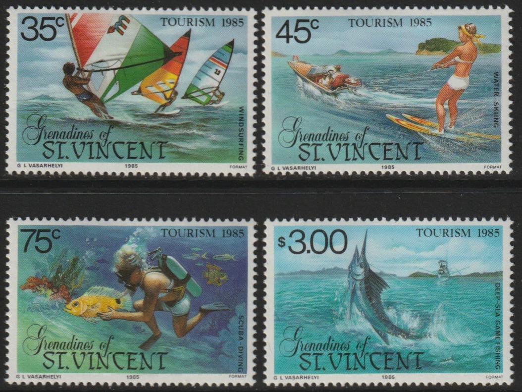 St Vincent - Grenadines 1985 Tourism Watersports set of 4 unmounted mint (SG 386-9), stamps on sport, stamps on tourism, stamps on water skiing, stamps on scuba diving, stamps on fish, stamps on wind surfing, stamps on fishing