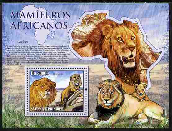 St Thomas & Prince Islands 2010 Animals of Africa - Lions perf souvenir sheet unmounted mint , stamps on , stamps on  stamps on animals, stamps on  stamps on lions, stamps on  stamps on cats