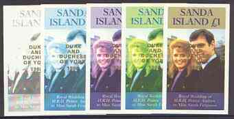 Sanda Island 1986 Royal Wedding imperf souvenir sheet (\A31 value) opt'd Duke & Duchess of York in gold, the set of 5 progressive proofs, comprising single colour, 2-colour, two x 3-colour combinations plus completed design, each with opt. (5 proofs) unmounted mint, stamps on royalty, stamps on andrew & fergie