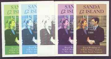 Sanda Island 1986 Royal Wedding imperf deluxe sheet (\A32 value) opt'd Duke & Duchess of York in silver, the set of 5 progressive proofs, comprising single colour, 2-colour, two x 3-colour combinations plus completed design, each with opt. (5 proofs) unmounted mint, stamps on royalty, stamps on andrew & fergie