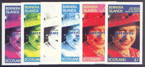 Bernera 1986 Queen's 60th Birthday imperf souvenir sheet (\A31 value) with AMERIPEX opt in blue, the set of 6 progressive proofs comprising single colour, 2-colour, three x 3-colour combinations plus completed design (6 proofs) unmounted mint, stamps on royalty, stamps on 60th birthday, stamps on stamp exhibitions