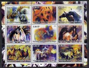Congo 2002 Paintings of Horses perf sheet containing set of 9 values unmounted mint, stamps on horses, stamps on arts, stamps on 